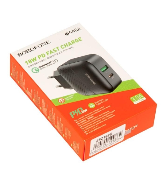Сетевое зарядное устройство BOROFONE BA46A Premium, один порт USB, один порт Type-C, PD, 18W, 5V, 3.0A, черный