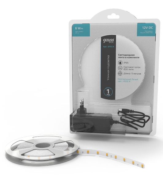 Лента светодиодная Basic в комплекте Gauss 12V 6W/m 600lm/m 4000 IP65 LED 5m 1/80