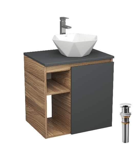 Тумба Bau Dream Blackwood 60 правая, графит, раковина BAU Crystal 40х40, смеситель для раковины высокий Hotel Still, нержавеющая сталь, выпуск клик клак, белый