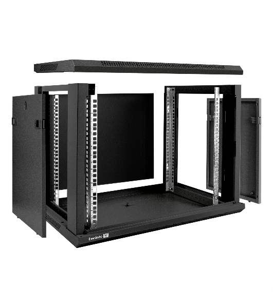 Шкаф телекоммуникационный 19' настенный 9U ExeGate EC-WM-9U.450.G.BLACK (19', 9U, 600x450x500 мм (ШхГхВ), передняя дверь закаленное стекло, съемные боковые панели, пыле- и влагозащита IP23, черный RAL 9004)