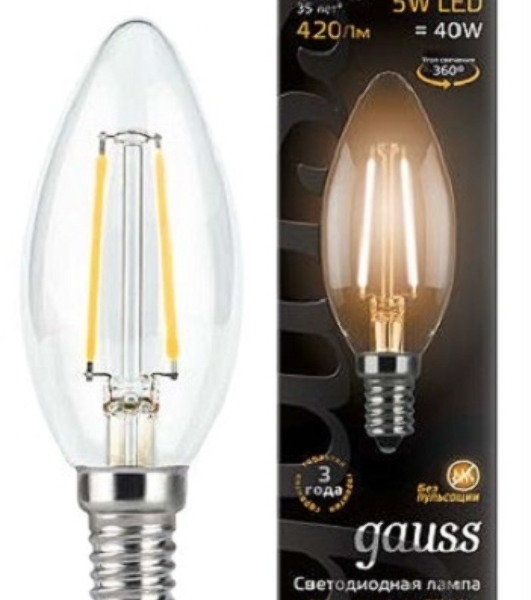 Лампа светодиодная Gauss 103801105LED Filament Candle Е14 5Вт 2700к 1/10/50