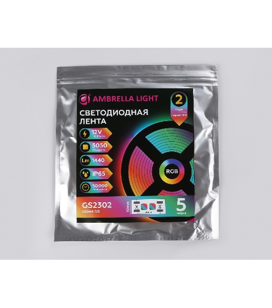 Светодиодная лента Ambrella light GS2302 5050 60Led/ 14.4W m/ 12V IP65 RGB/ 5000*10*2.87mm (4 конт.)