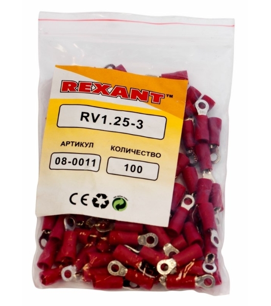 Наконечник кольцевой изолированный Rexant ø 3.2 мм 0.5-1.5 мм² (НКи 1.5-3/НКи 1,25-3) красный
