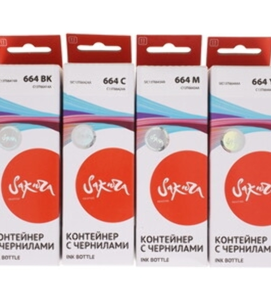 Набор чернил Sakura SIC13T664BA(664 BK) для Epson, водорастворимый тип, (черный, голубой, пурпурный, желтый), 4шт в наборе.