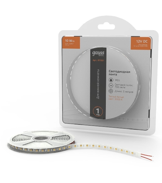 Лента светодиодная Basic Gauss 12V 10W/m 700lm/m 3000K IP65 LED 5m 1/100