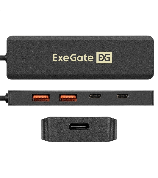 USB-концентратор 4-в-1 ExeGate DUB-2C2P/10G (кабель-адаптер USB 3.2 Gen2 Type C --> 2xUSB3.2 Gen2 Type-A (10G)/2xUSB3.2 Gen2 Type-C (10G), SuperSpeed+ USB 10Gbps, Plug&Play, черный)