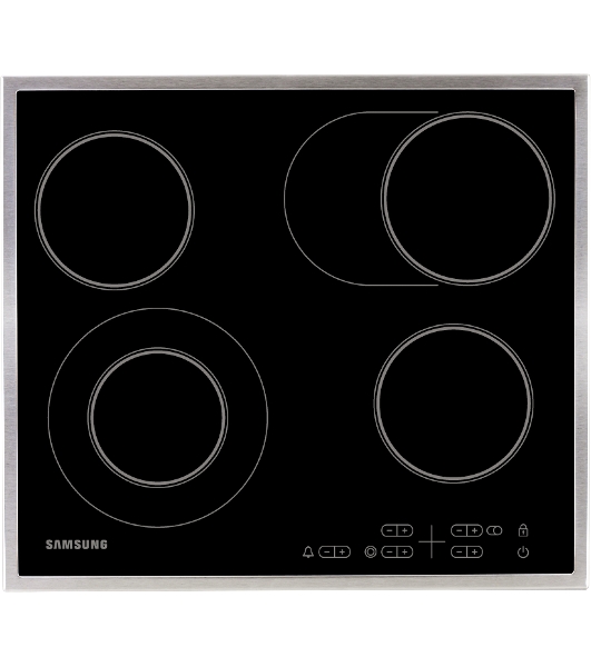 Встраиваемая электрическая панель Samsung NZ64T3516CK/WT, 575x505x55 мм, стеклокерамика, 4 конфорки, рамка - нержавеющая сталь,сенсорное управление, светодиодный LED-дисплей, защита от детей, черный