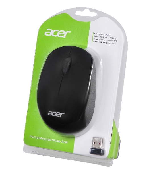 Мышь беспроводная Acer OMR020 черный, 1200 dpi, радиоканал, USB, кнопки - 3
