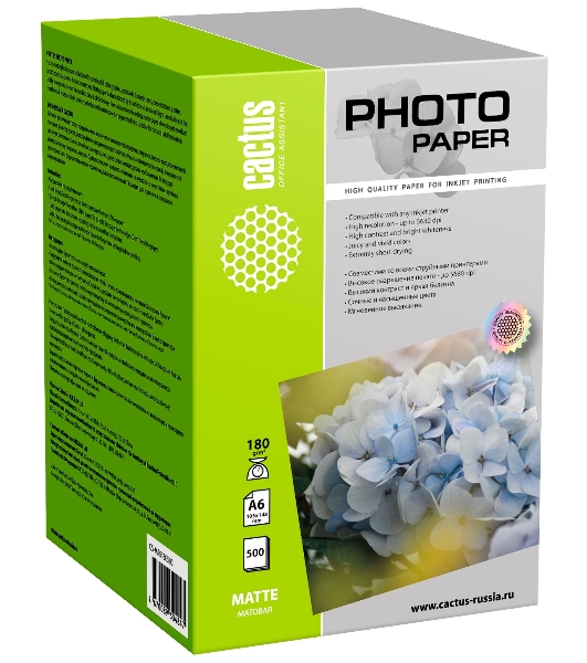 Фотобумага Cactus CS-MA6180500 A6/180г/м2/500л./белый матовое для струйной печати
