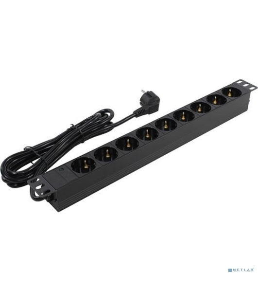 Блок розеток горизонтальный ExeGate ServerPro PDU-19H905 Al-9S-EU3, 19', 1U, Алюминий, 9 Schuko, кабель с евровилкой VDE-250V-16A-3*1.5мм2, 3 метра, черный