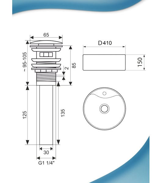 Раковина накладная BAU Element D41, с отверстием под смеситель, мрамор + выпуск клик-клак, хром