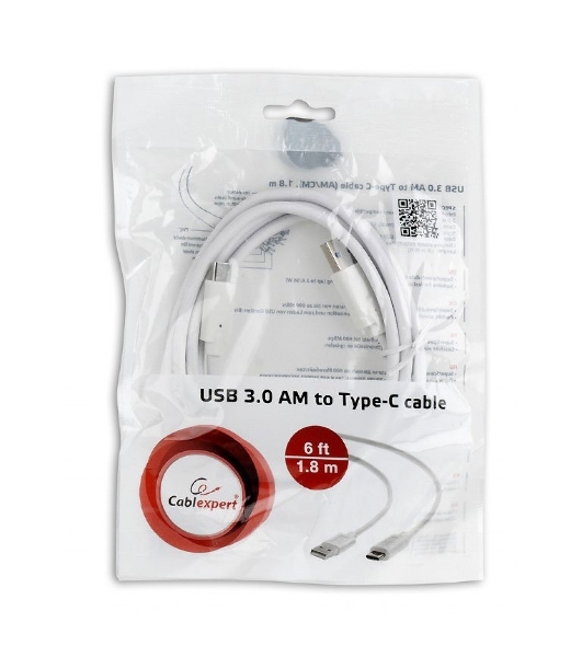 Кабель USB Cablexpert CCP-USB3-AMCM-6-W, USB3.0 AM/USB Type-C, 1.8м, белый, пакет