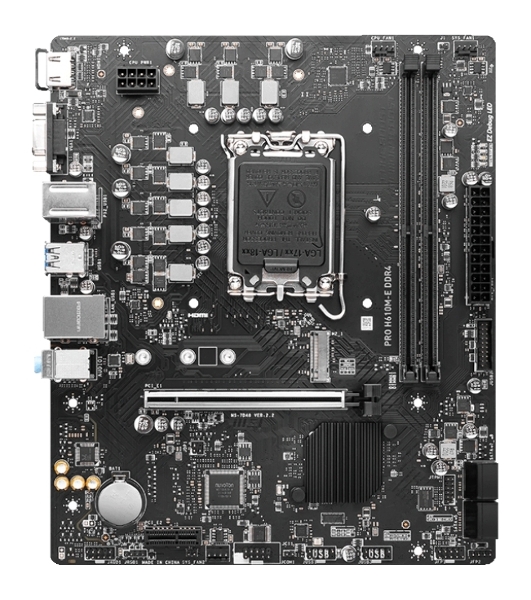 Материнская плата MSI PRO H610M-E DDR4, LGA 1700, Intel H610, 2xDDR4, 4xSATA, 1xM.2, 1xPCIe 4.0 x16, 1xPCIe 4.0 x1, 1xHDMI, 1xVGA, 1xRJ45 1Gb, 2xUSB-A 3.2 Gen 1, 4xUSB-A 2.0, 3x3.5мм, 7.1, mATX