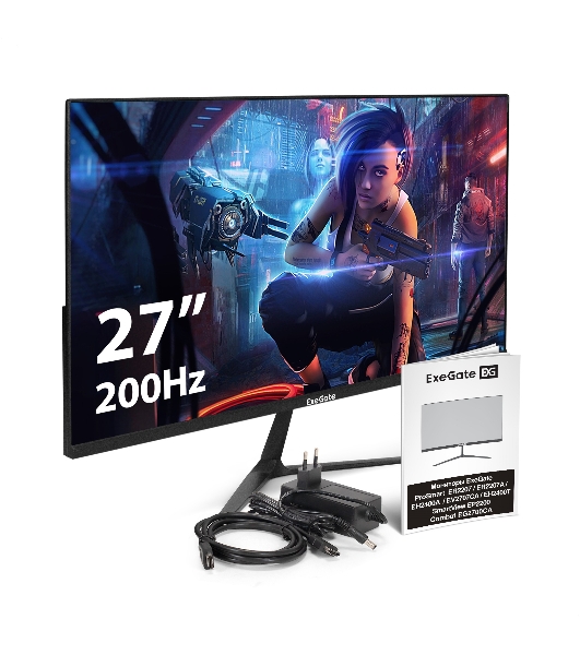 Монитор игровой с аудио 27' ExeGate Combat EG2700CA (VA LED Grade A+, FHD, 1920x1080@200Гц, 16:9, 250cd/m2, 4000:1, 178°/178°, 1ms, Speakers, 2xHDMI 2.1, DisplayPort, audio-out, FreeSync, Low Blue Light, кабель DP 1.5м, VESA, регулировка наклона (tilt), черный)