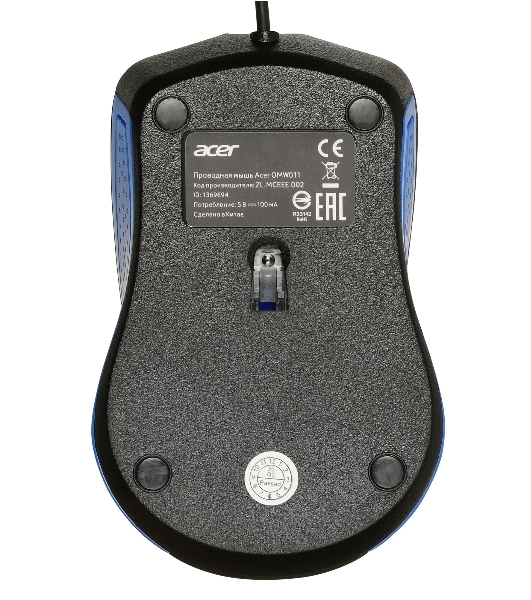 Мышь проводная Acer OMW011 черный/синий, 1200 dpi, USB, кнопки - 3