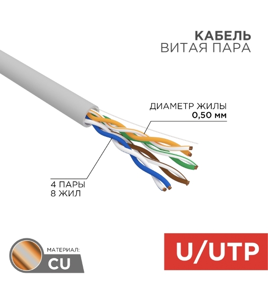 Кабель витая пара Rexant U/UTP, cat.5e, PVC нг(А)-LS, 4х2х0,52мм, 4PR, 24AWG, INDOOR, SOLID, серый, 305м