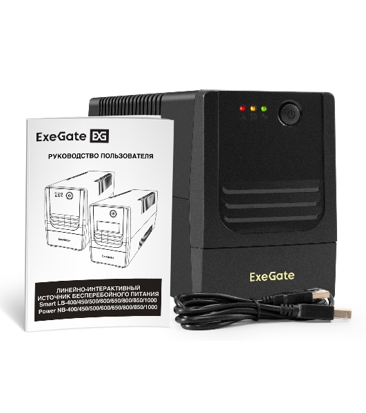 Источник бесперебойного питания ExeGate Power NB-600.LED.AVR.2SH.USB (600VA/360W, LED, AVR, 2*Schuko, USB, батарея 12V 7.2Ah, Black)