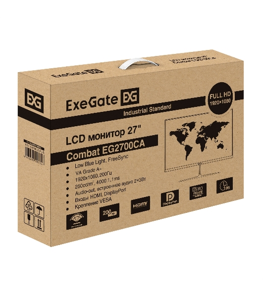Монитор игровой с аудио 27' ExeGate Combat EG2700CA (VA LED Grade A+, FHD, 1920x1080@200Гц, 16:9, 250cd/m2, 4000:1, 178°/178°, 1ms, Speakers, 2xHDMI 2.1, DisplayPort, audio-out, FreeSync, Low Blue Light, кабель DP 1.5м, VESA, регулировка наклона (tilt), черный)