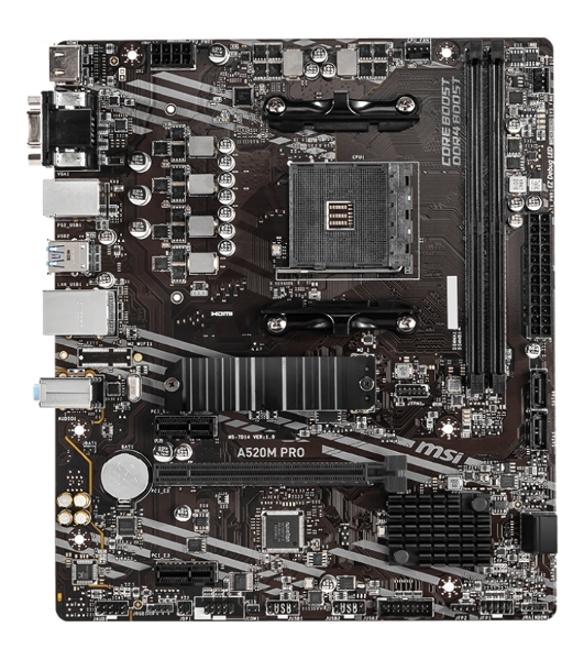 Материнская плата MSI A520M PRO, AM4, AMD A520, 2xDDR4, 4xSATA, 1xM.2, 1xPCIe 3.0 x16, 1xVGA, 1xDP, 1xHDMI, 1x 1Gb LAN, 2xUSB 2.0, 4xUSB 3.2 Gen 1, 3x3.5 мм, 7.1, mATX