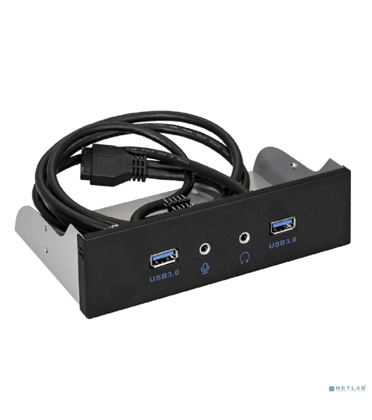 Планка USB на переднюю панель ExeGate EX289291RUS U5H-627, 5,25', 2*USB3.0+2*HD Audio, черная, металл, подсоед. к MB