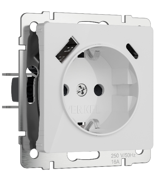 Розетка с заземлением, шторками и USB тип A+C (белый акрил)