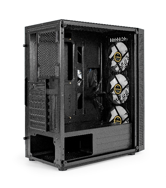 Компьютерный корпус Miditower ExeGate EVO-5001A (ATX, без БП, 2хUSB+1хUSB 3.0+HD Audio, черный, 3 вент.12см с RGb подсветкой, боковая панель - закаленное стекло)