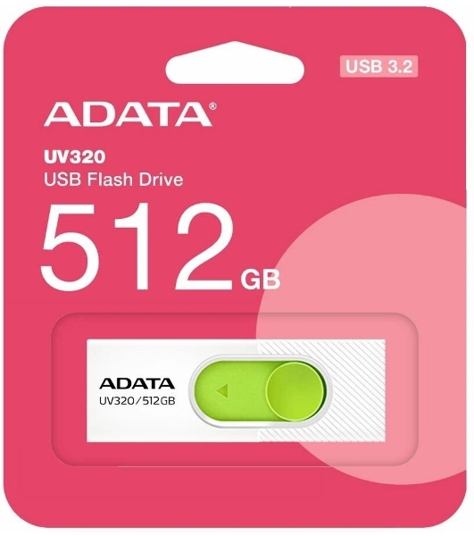 Флешка USB ADATA UV320 (AUV320-512G-RWHGN), 512Gb, USB 3.2 Gen1, R/W 100/30, белый/зеленый