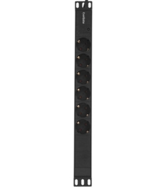 Блок розеток горизонтальный ExeGate ServerPro PDU-19H604 Al-6S-C14-2.5, 19', 1U, Алюминий, 6 Schuko, кабель с вилкой C14 VDE-250V-10A-3*1.5мм2, 2.5 метра, черный