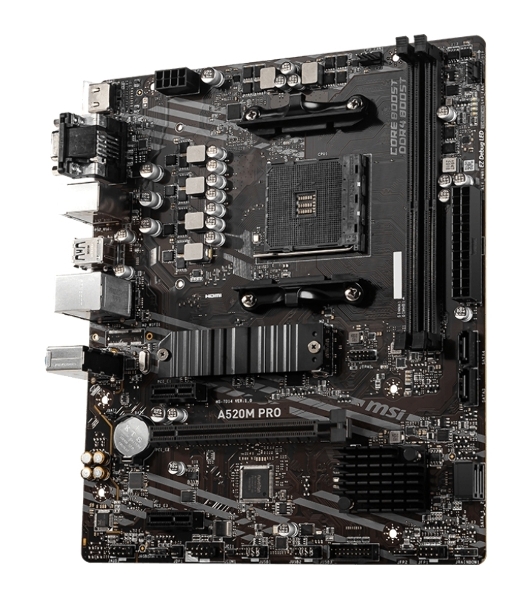Материнская плата MSI A520M PRO, AM4, AMD A520, 2xDDR4, 4xSATA, 1xM.2, 1xPCIe 3.0 x16, 1xVGA, 1xDP, 1xHDMI, 1x 1Gb LAN, 2xUSB 2.0, 4xUSB 3.2 Gen 1, 3x3.5 мм, 7.1, mATX