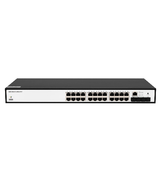 Управляемый коммутатор SNR уровня 2+, 24 порта 10/100/1000Base-T с поддержкой POE, 4 порта 1/10G SFP+, бюджет POE 370W