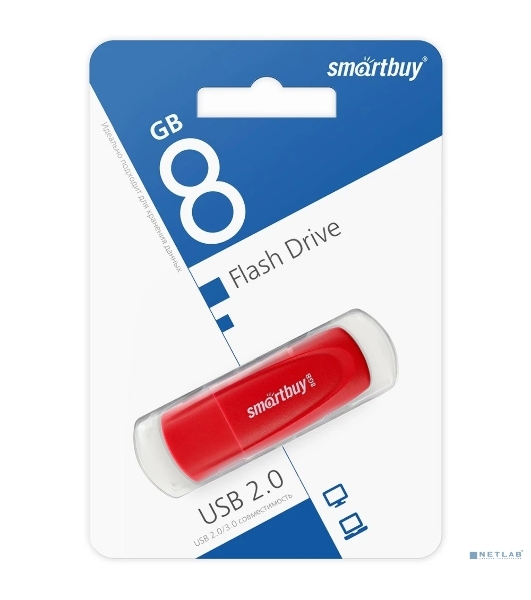 Флешка USB Smartbuy Scout Red (SB008 Gb2SCR), 8Gb, USB 2.0, R/W 15/8, красный