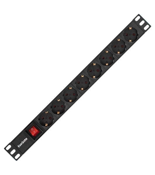 Блок розеток горизонтальный ExeGate ServerPro PDU-19H801 Al-8S-C14-SW, 19', 1U, Алюминий, 8 Schuko, С14, выкл. с подсветкой, черный