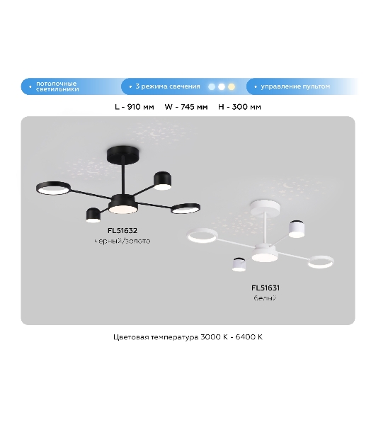 Потолочный светодиодный светильник Ambrella light FL51632/4+1 BK/GD черный/золото 3000K-6400K 48W 910*745*300 (ПДУ ИК)