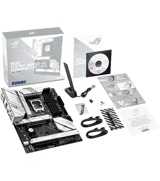 Материнская плата ASUS ROG STRIX B660-A GAMING WIFI D4, LGA 1700, Intel B660, 4xDDR4, 4xSATA, 3xM.2, 1xPCIe 5.0 x16, 1xPCIe 3.0 x4, 1xHDMI, 1xDP, 1x 2.5Gb LAN, 1xUSB-A 3.2 Gen 2, 2xUSB-A 3.2 Gen 1, 4xUSB 2.0, 5x3.5 мм, 7.1, Standard-ATX