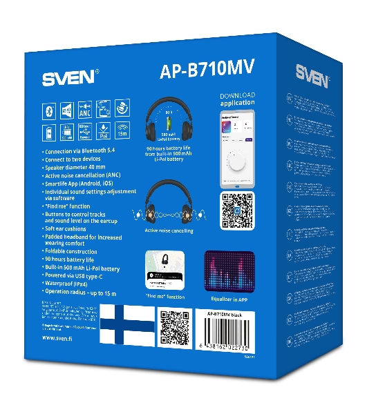 Беспроводные/проводные наушники Sven AP-B710MV черный, полноразмерные, Bluetooth + Jack 3.5 мм, складная конструкция, до 22 ч