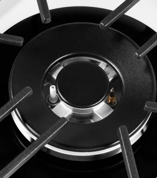 Газовая варочная панель Kuppersberg FG 62 W Газовая варочная панель, закаленное стекло, ширина 60 см, 4 газовые конфорки, WOK конфорка(3,8 кВт), автоподжиг, газ-контроль, чугунные решетки, белый