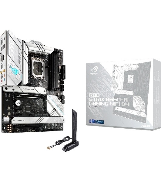 Материнская плата ASUS ROG STRIX B660-A GAMING WIFI D4, LGA 1700, Intel B660, 4xDDR4, 4xSATA, 3xM.2, 1xPCIe 5.0 x16, 1xPCIe 3.0 x4, 1xHDMI, 1xDP, 1x 2.5Gb LAN, 1xUSB-A 3.2 Gen 2, 2xUSB-A 3.2 Gen 1, 4xUSB 2.0, 5x3.5 мм, 7.1, Standard-ATX