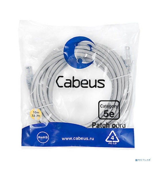 Патч-корд Cabeus PC-UTP-RJ45-Cat.5e-10m U/UTP, cat.5е, 2xRJ45/8p8c, неэкранированный, серый, PVC, 10м