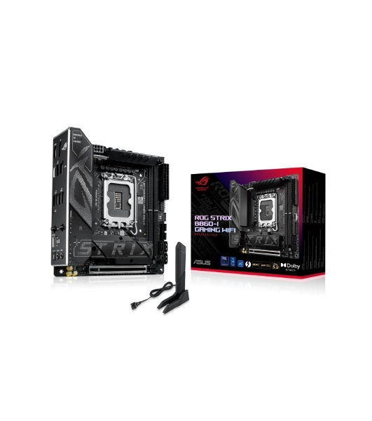 Материнская плата ASUS ROG STRIX B860-I GAMING WIFI, LGA1851, Intel B860, 2xDDR5, 4xSATA, 2xM.2, 1xPCIe 5.0 x16, 1xDP, 1xHDMI, 1xThunderbolt 4, 1x2.5Gb LAN, Wi-Fi 7, 2xUSB 2.0, 3xUSB 3.2 Gen 1, 1xUSB 3.2 Gen 2, 1xUSB 3.2 Gen 2x2, 1xUSB-C, 1xS/PDIF, 2x3.5 мм, 7.1, Mini-ITX