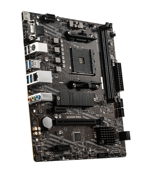 Материнская плата MSI A520M PRO, AM4, AMD A520, 2xDDR4, 4xSATA, 1xM.2, 1xPCIe 3.0 x16, 1xVGA, 1xDP, 1xHDMI, 1x 1Gb LAN, 2xUSB 2.0, 4xUSB 3.2 Gen 1, 3x3.5 мм, 7.1, mATX