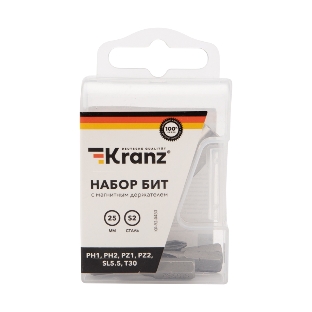 Набор бит Kranz 25 мм PH1, PH2, PZ1, PZ2, SL5.5, T30 с магнитным держателем (7 шт./уп.)