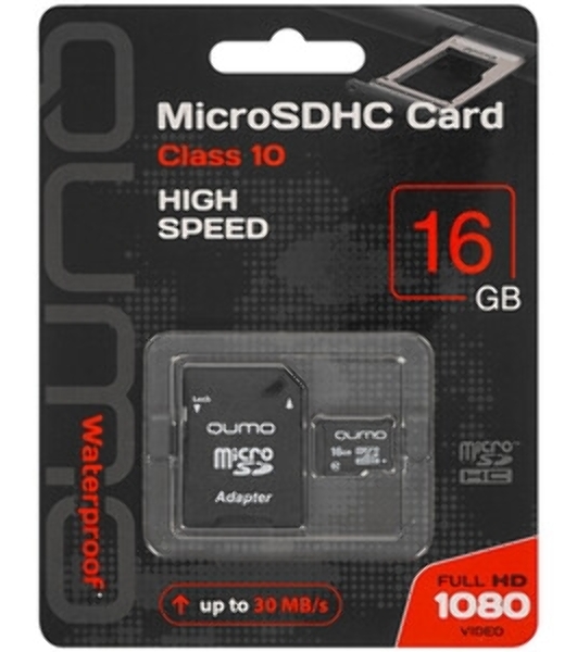 Флеш карта QUMO MicroSDHC 16Gb Сlass 10, адаптер в комплекте SD, черно-красная картонная упаковка