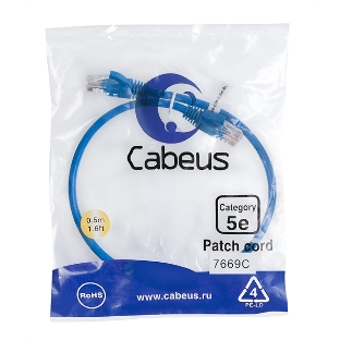 Шнур комм. Cabeus, кат. 5е, неэкр., U/UTP, RJ45/RJ45, PVC, AWG24, 0.5м, синий