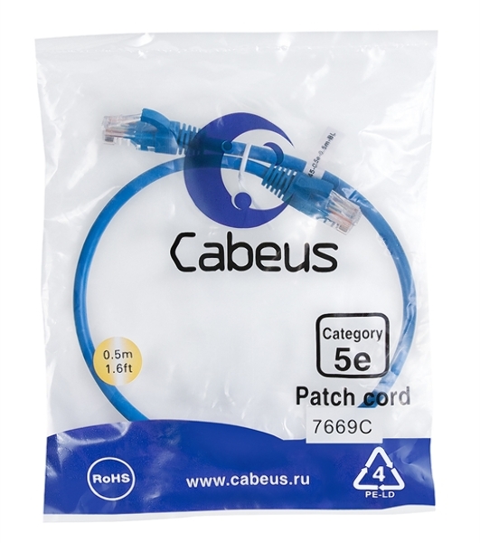 Шнур комм. Cabeus, кат. 5е, неэкр., U/UTP, RJ45/RJ45, PVC, AWG24, 0.5м, синий