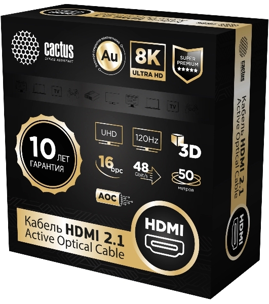 Кабель аудио-видео Cactus CS-HDMI-AOC-2.1-50 HDMI (m)/HDMI (m) 50м. позолоч.конт. черный