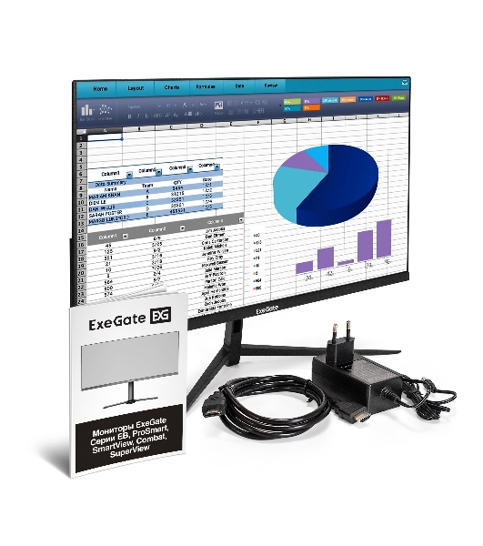 Монитор 23.8' ExeGate ProSmart EZ2400 IPS 1920x1080, 75 Гц, 5 мс, 16:9, 250 кд/м², HDMI 1.4, VGA, 3.5 Jack, HDR10, FreeSync, черный