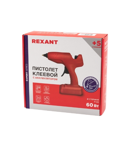 Клеевой пистолет Rexant, 60 Вт, Ø11 мм, 'ЭКСПЕРТ', аккумуляторный, коробка