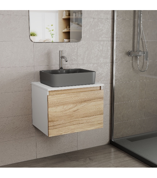 Комплект: тумба Bau Dream Blackwood 60, 1 ящик, раковина BAU Cerama 48х37, темно-серая, смеситель Hotel Dream, нерж сталь