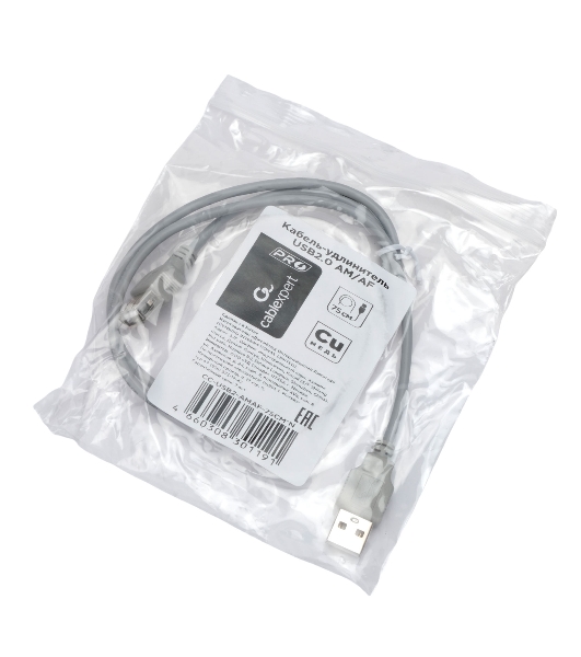 Кабель-удлинитель USB2.0 Cablexpert CC-USB2-AMAF-75CM-N, AM/AF, медь, Pro, 75 см, серый, пакет