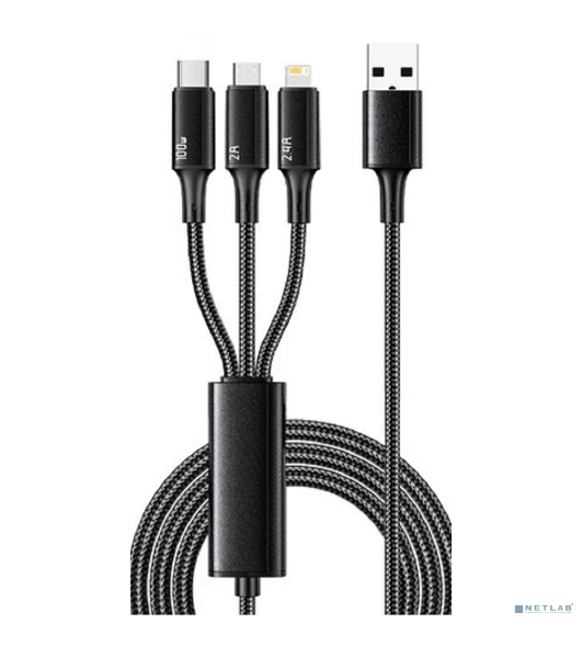 Кабель Rexant USB 3в1 Type-С (6A), Lightning (2,4A), micro USB (3A) 1,2м, в черной оплетке